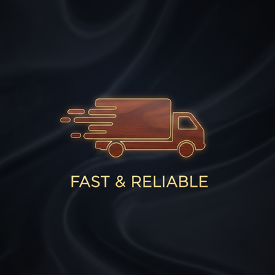 Stylized truck icon in dark wood, glowing edges, representing fast shipping.